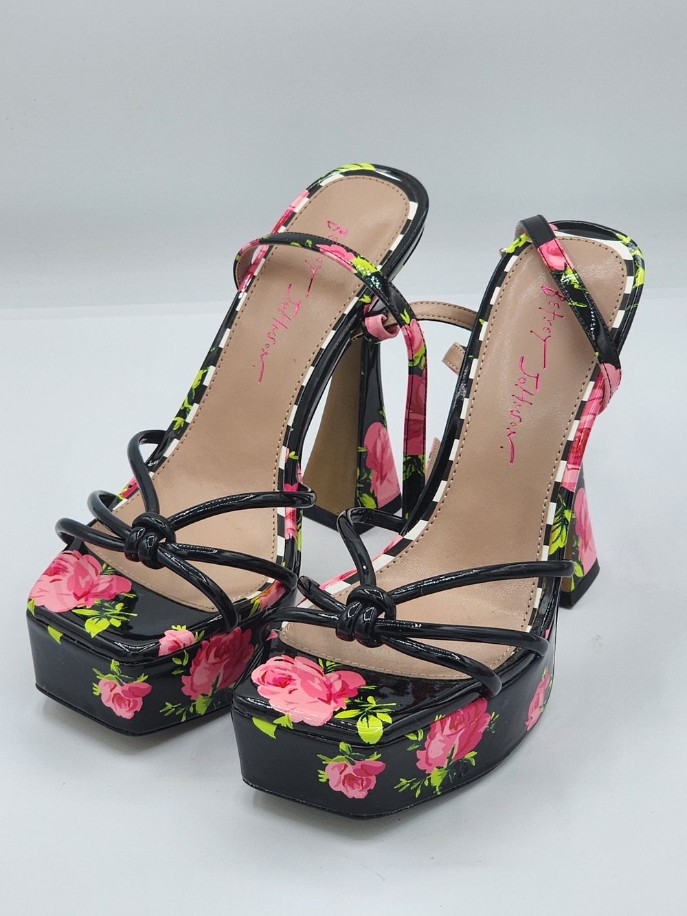 Betsey Johnson Black Patent Floral Platform Sandals - Pink & Green
